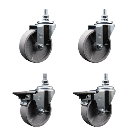 Service Caster 4 Inch Semi Steel 12 Inch Threaded Stem Caster Set 2 Brakes SCC SCC-TS20S415-SSR-121315-2-PLB-2